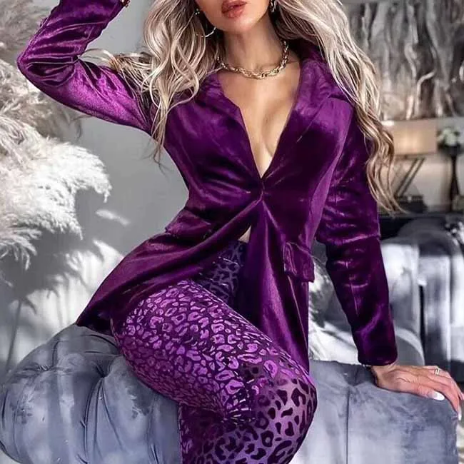 Women Velvet Dark Purple Blazer Pantsuit   Flare Trousers Suit