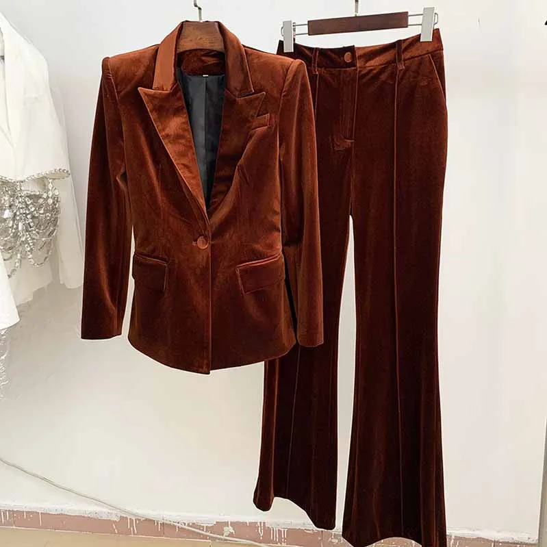 Women Velvet Green Blazer   Flare Trousers Suit