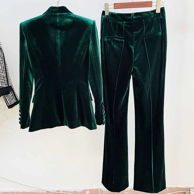 Women Velvet Green Blazer   Flare Trousers Suit