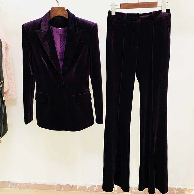 Women Velvet Green Blazer   Flare Trousers Suit