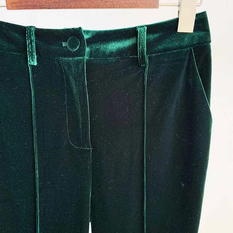 Women Velvet Green Blazer   Flare Trousers Suit