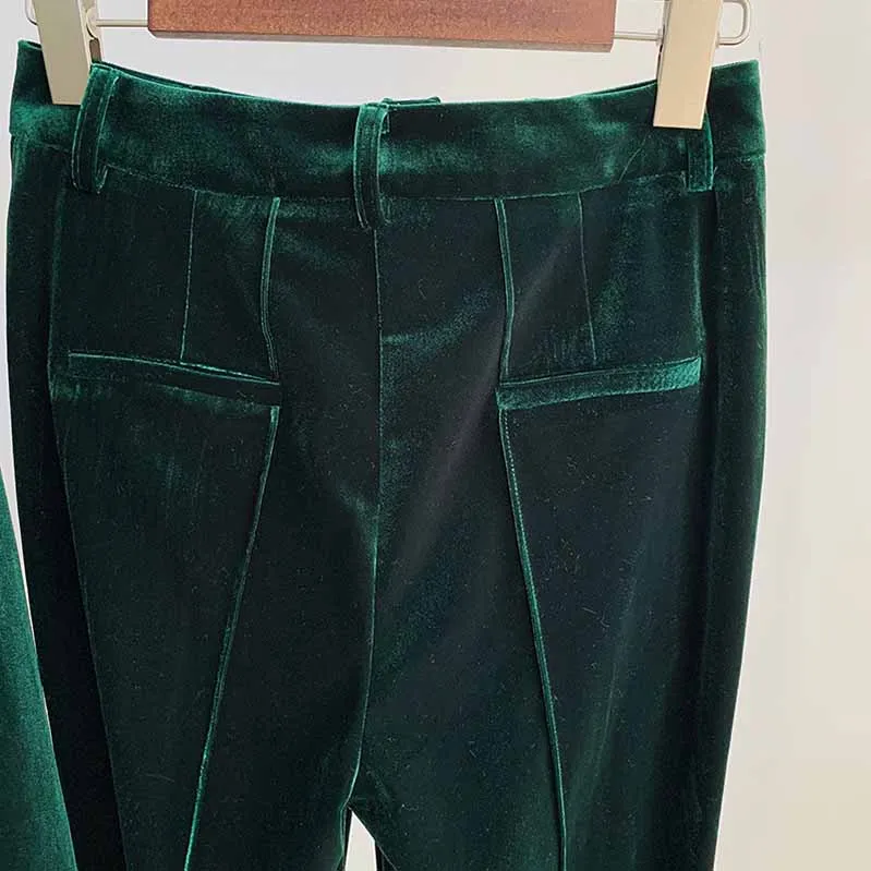 Women Velvet Green Blazer   Flare Trousers Suit