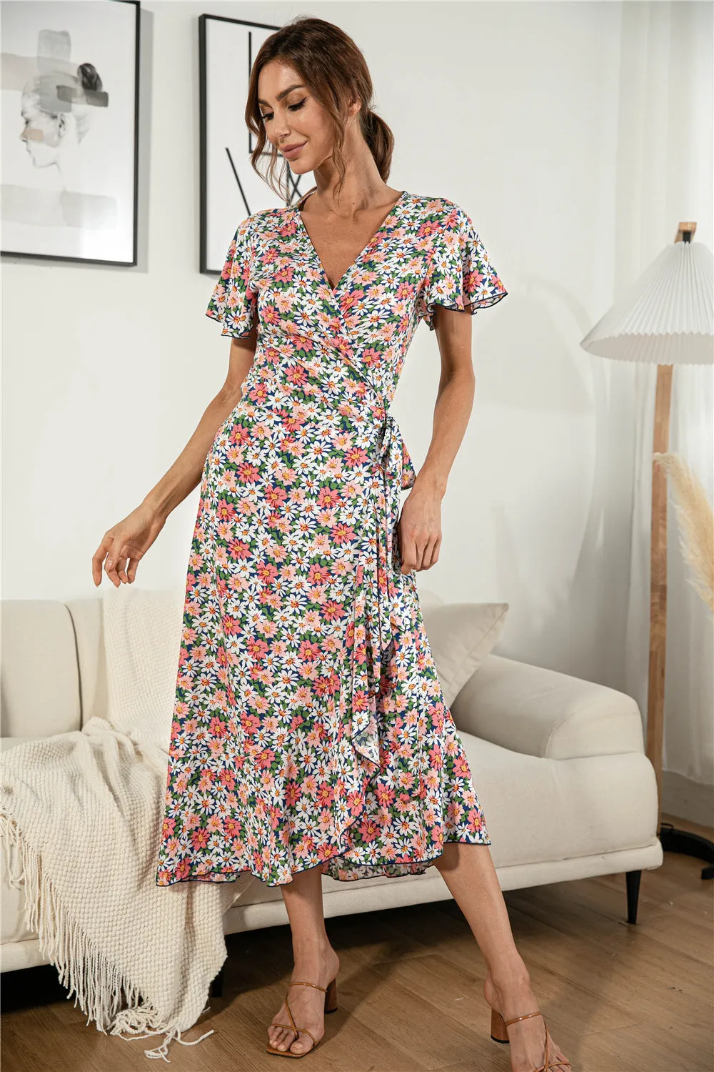 Women's Summer Casual Boho Floral V Neck Short Sleeve Long Dresses