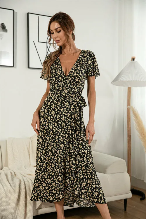 Women's Summer Casual Boho Floral V Neck Short Sleeve Long Dresses