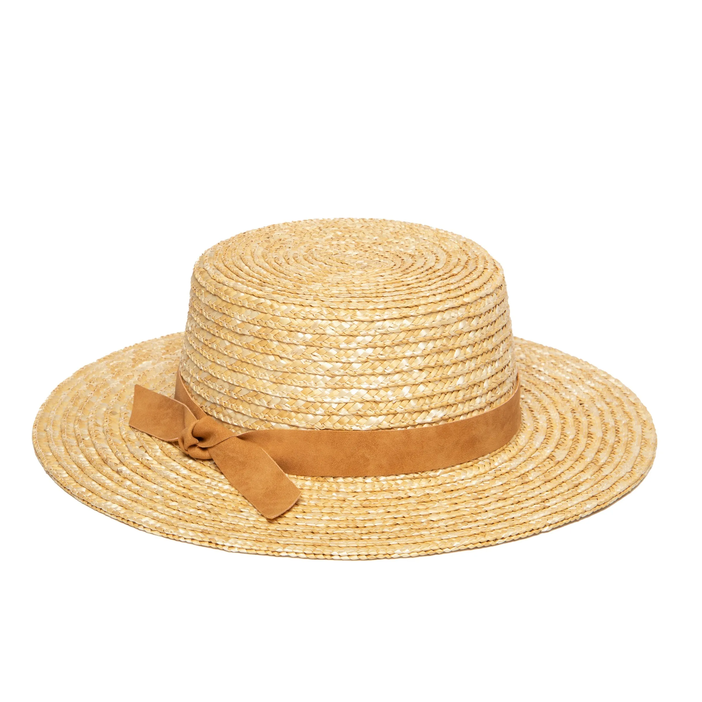 Women's wheat straw boater with faux leather band