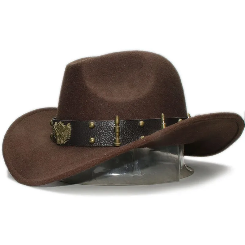 Woollen Fedoras Hats with Leather Belt / Men Women Cowboy Hats / Large Brimmed Bowler Hat