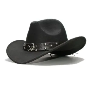 Woollen Fedoras Hats with Skull / Alternative Fashion Retro West Cowboy Hat / Wide Rims Bowler Hat